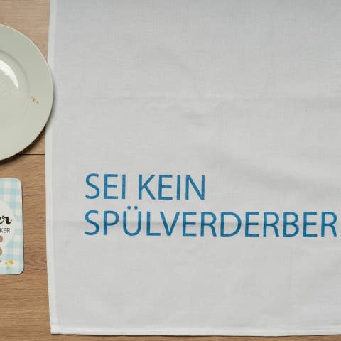 17;30 - Geschirrtuch weiss, SEI KEIN SPÜLVERDERBER, bonnie blue