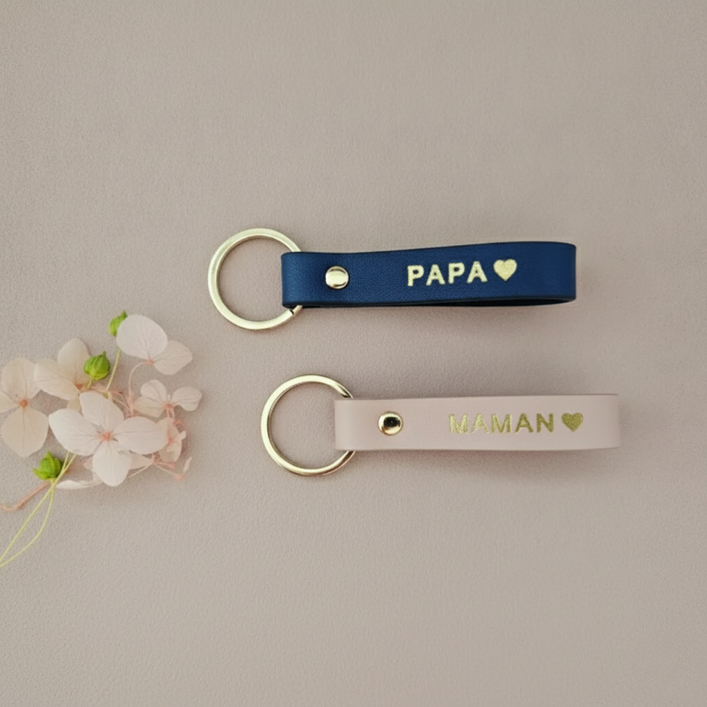 Personalisierter Leder-Schlüsselanhänger für Mama und Papa: Blau / Franzose / PAPA ♥